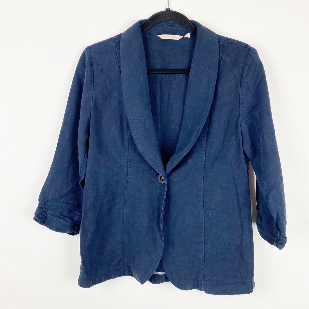 Soft Surroundings Navy Blue Linen Blend Ruched Sleeve Blazer‎ Jacket Women's S